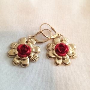 Flower Dangle Earrings Real Gold Filled 14kt Red
